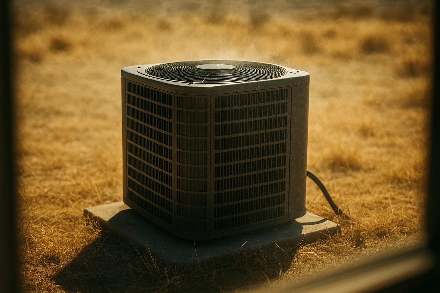 Arizona residential HVAC unit on a rooftop with solar panels visible in background during summer heat